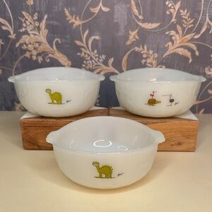 Vintage Anchor Hocking Fire King Bowls BC Comics Johnny Hart Dinosaur Set Of 3